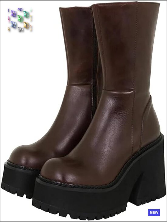 Shoes - Wedge Ankle Boots Platform Zipper Punk Motorcycle Chunky Block Heel Round Toe